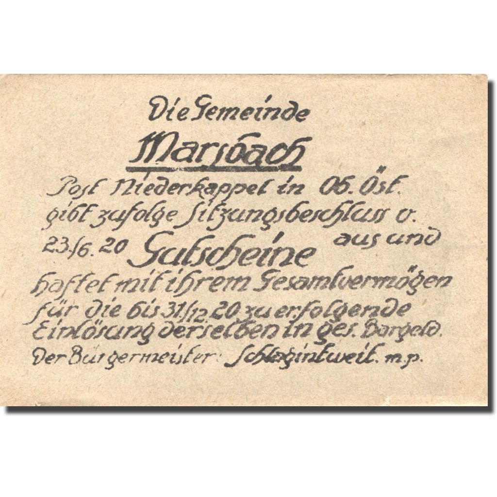 Billet, Autriche, Marsbach, 50 Heller, montagne 1920-12-31, SUP Mehl:FS 592a
