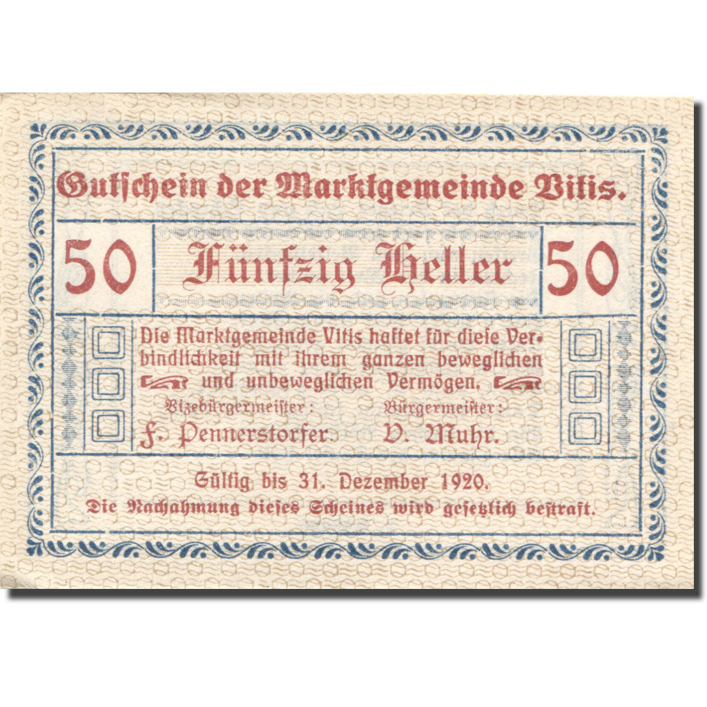 Geldschein, Österreich Vitis 50 Heller, valeur faciale, 1920 UNZ- Mehl:FS 1115II