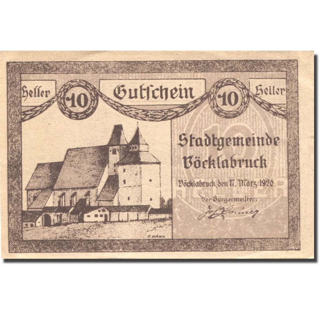 Banknote, Austria, Vöcklabruck, 10 Heller, Eglise, 1920 UNC(63) Mehl:FS 1116IIa