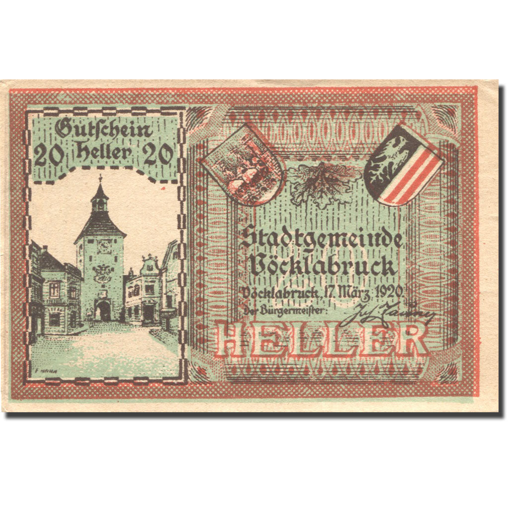 Banknote, Austria, Vöcklabruck, 20 Heller, paysage, 1920 UNC(63) Mehl:FS 1116IIa