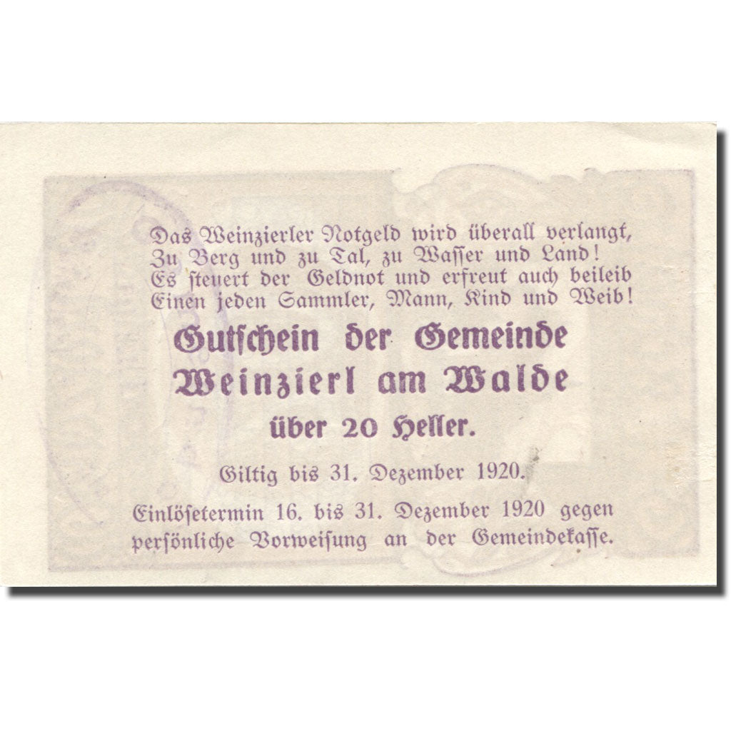 Banknote, Austria, Weinzierl, 20 Heller, Eglise, 1920 UNC(63) Mehl:FS 1152
