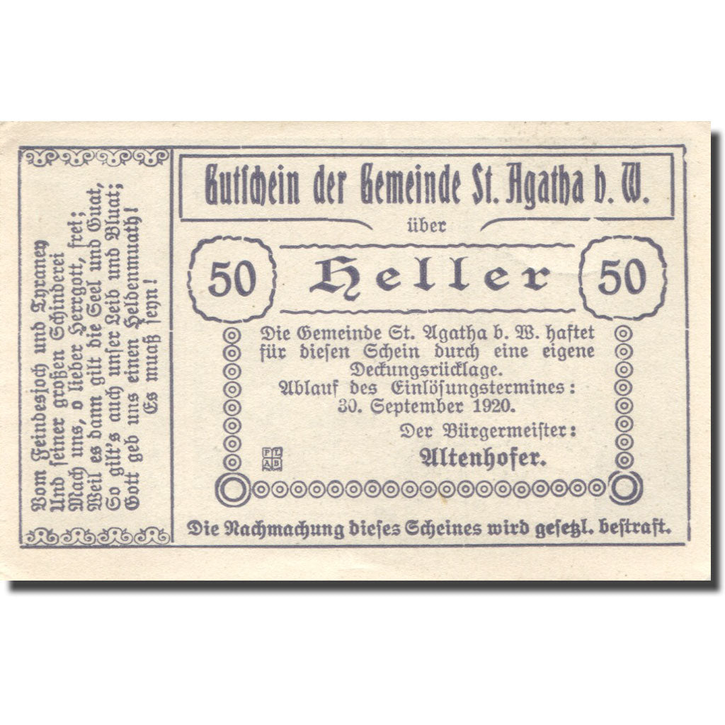 Banknote, Austria, St Agatha, 50 Heller, auberge, 1920 UNC(63) Mehl:FS 877