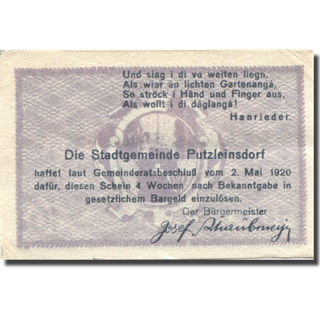 Banknote, Austria, Putzleinsdorf, 10 Heller, Monument, 1920 UNC(63) Mehl:FS 804b