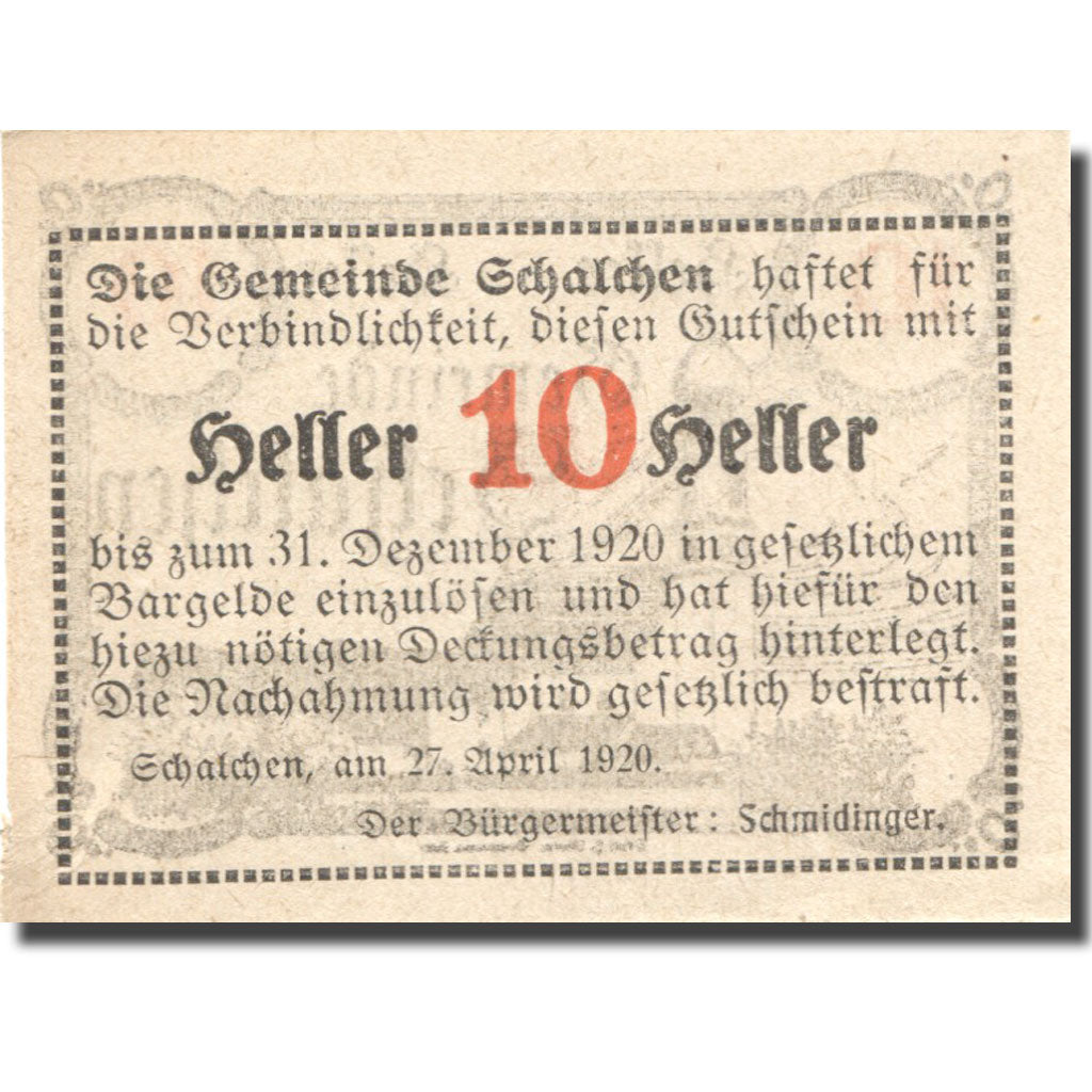 Banconote, Austria, Schalchen, 10 Heller, Eglise 1920-12-31, SPL, Mehl:FS 952a