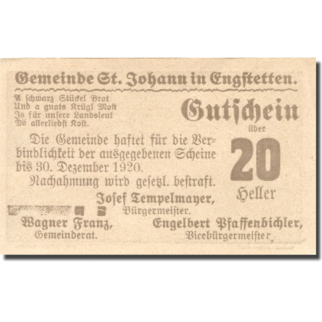 Banknote, Austria, St Johann, 20 Heller, village, 1920 UNC(63) Mehl:FS 897a
