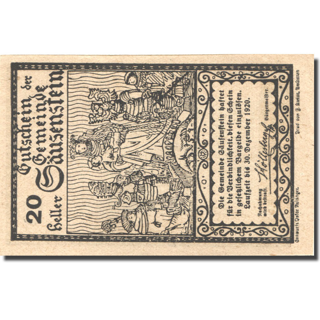 Banknote Austria Säusenstein 20 Heller personnage 1920 black UNC(63) Mehl:FS950c