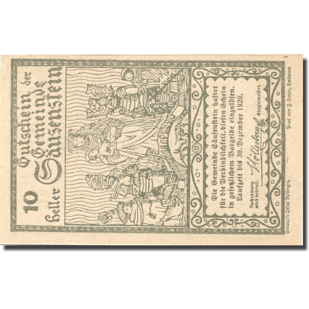 Banknote, Austria, Säusenstein 10 Heller 1920 green UNC(63) Mehl:FS 950c