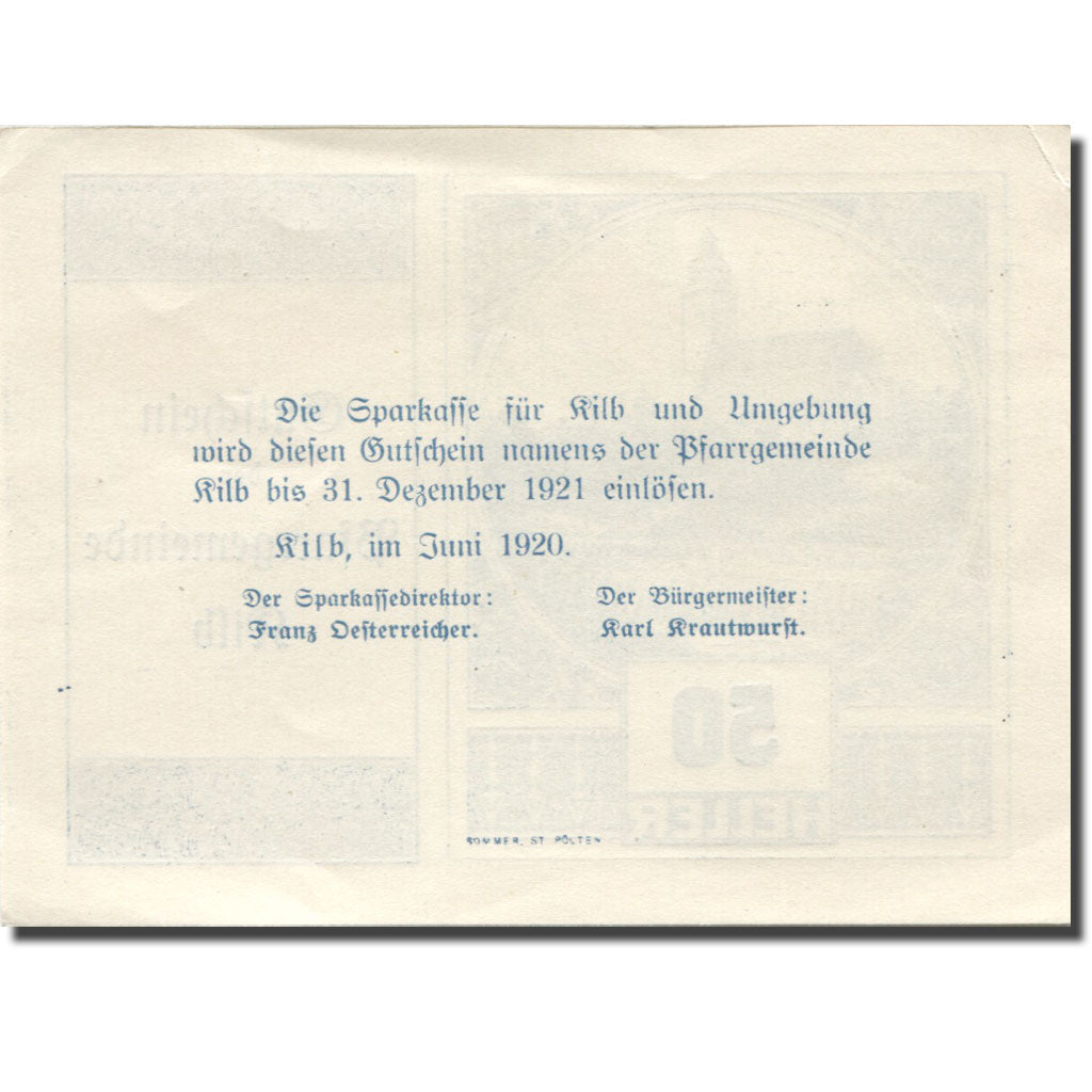 Banknote, Austria, Kilb, 50 Heller, Eglise 1920-12-31, UNC(63), Mehl:FS 436
