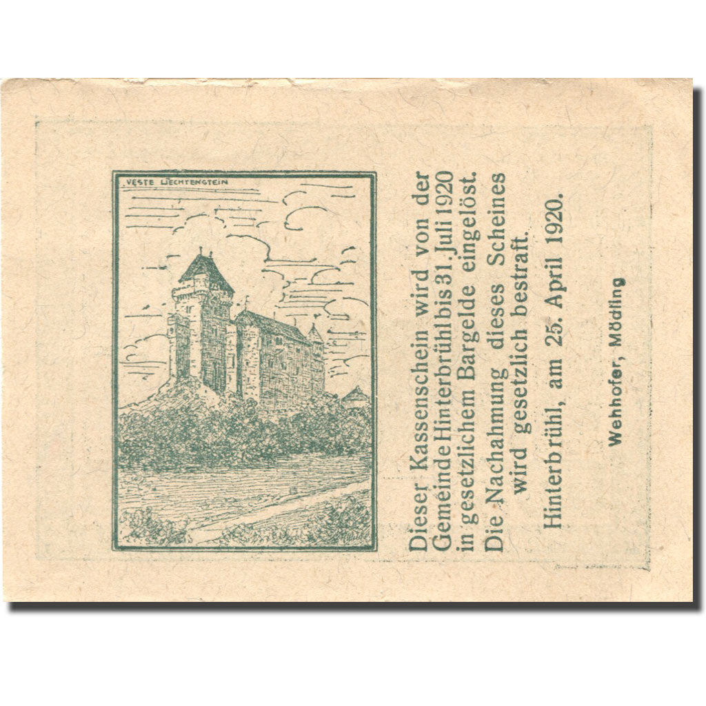 Banknote, Austria, Hinterbrühl, 50 Heller, village, 1920 UNC(63) Mehl:FS 376Ia