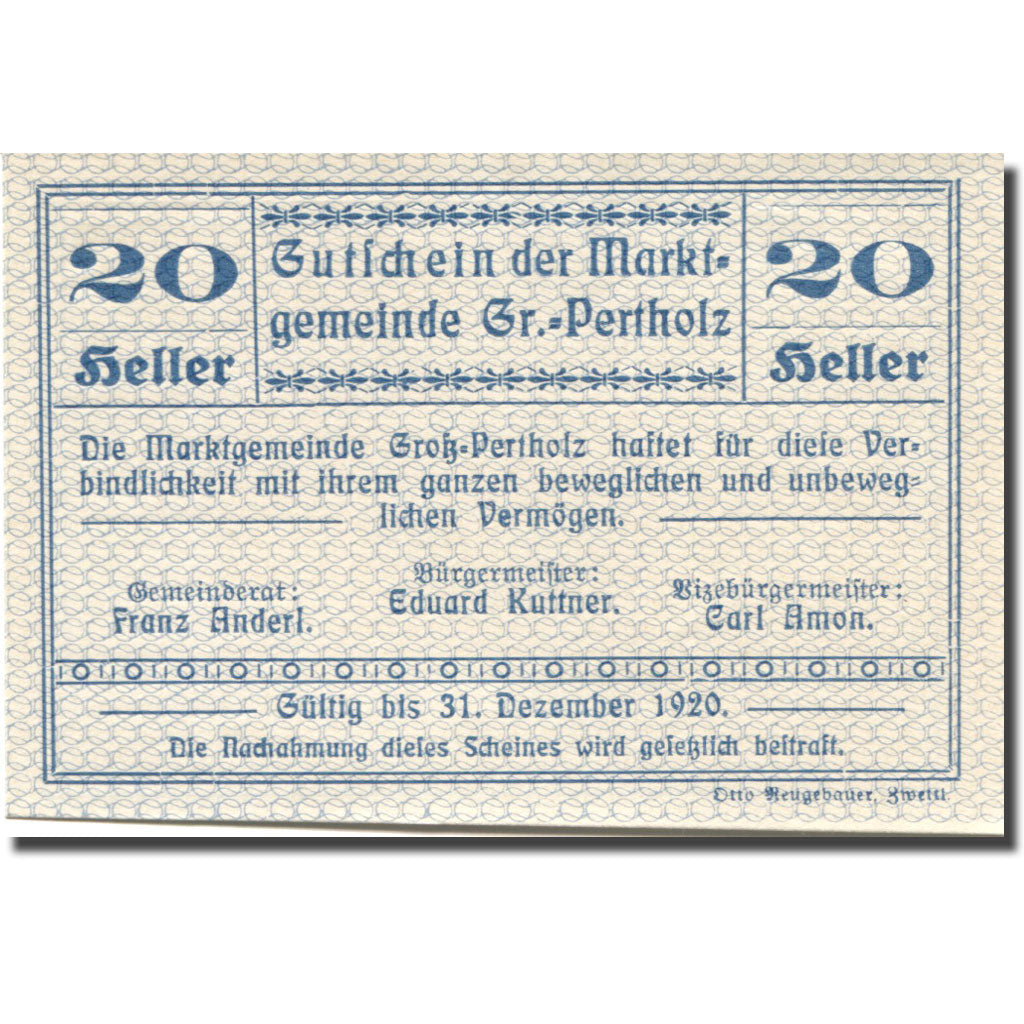 Banknote Austria Gross-Pertholz 20 Heller face value 1920 UNC(63) Mehl:FS 295IIa