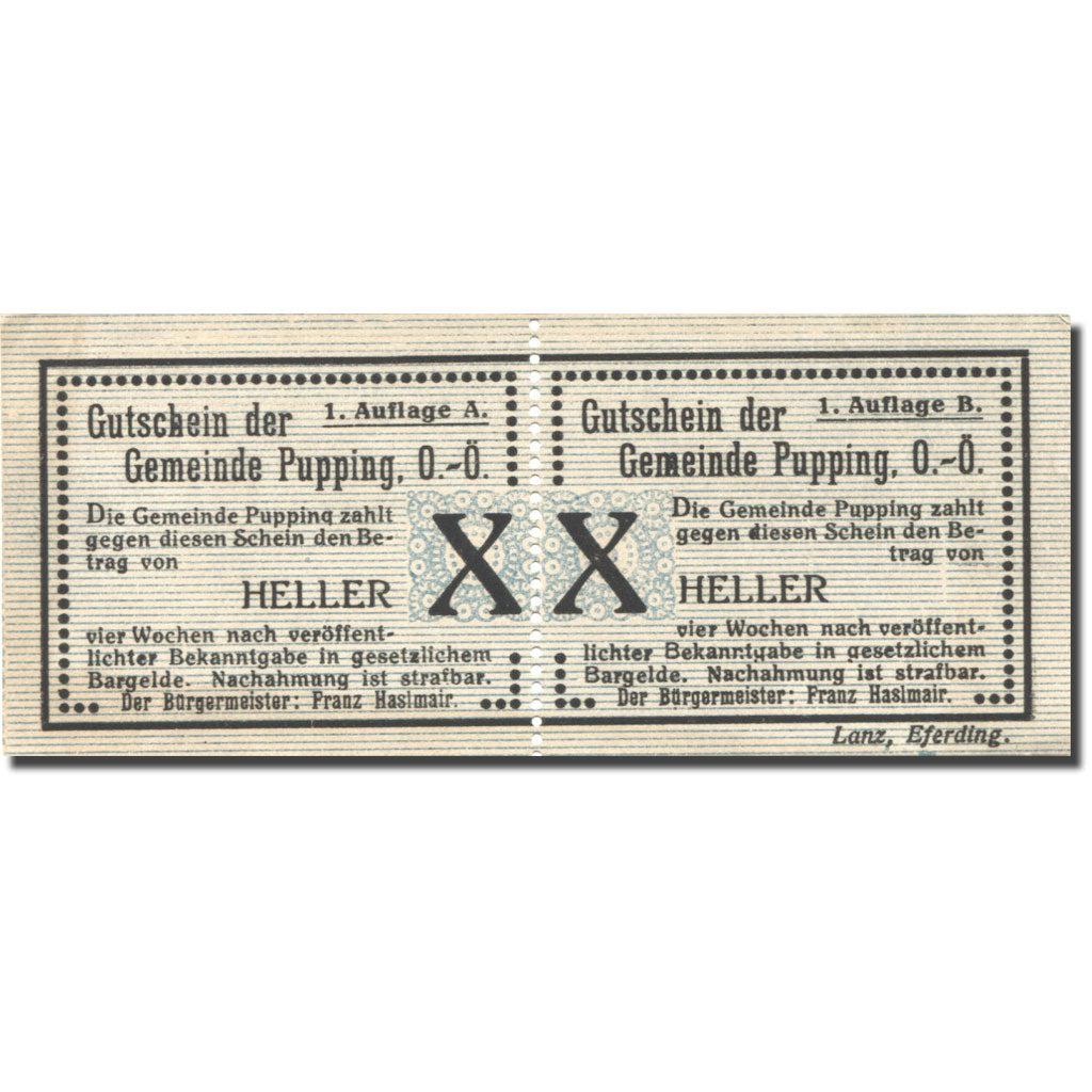 Banconote, Austria, Pupping, 20 Heller, valeur faciale, SPL-, Mehl:FS 792IdB