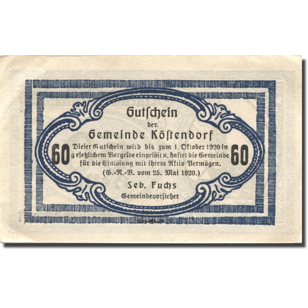 Billet, Autriche, Köstendorf, 60 Heller, Eglise 1920-10-01, SUP Mehl:FS 469a