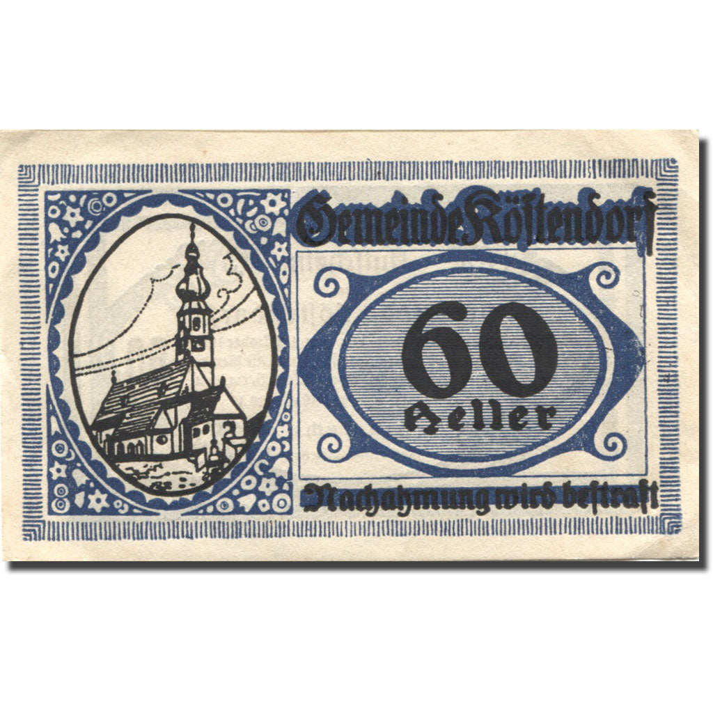 Billet, Autriche, Köstendorf, 60 Heller, Eglise 1920-10-01, SUP Mehl:FS 469a