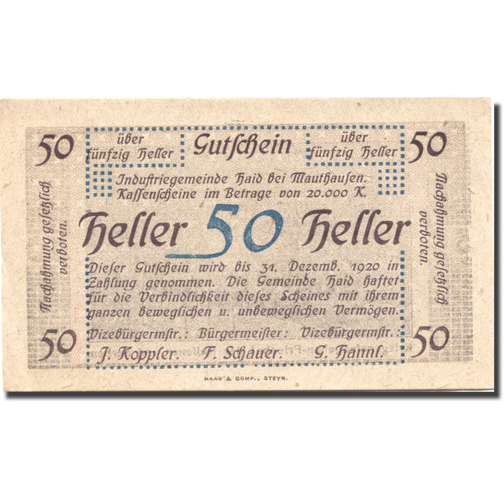 Banknote, Austria, Mauthausen, 50 Heller cimetière 1920 UNC(60-62) Mehl:FS 334Ia