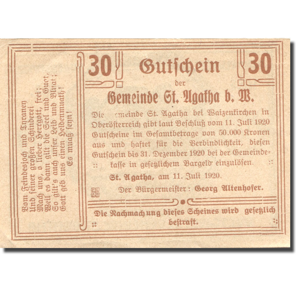 Banknote, Austria, St Agatha, 30 Heller, ferme, 1920 UNC(63) Mehl:FS 877IId2