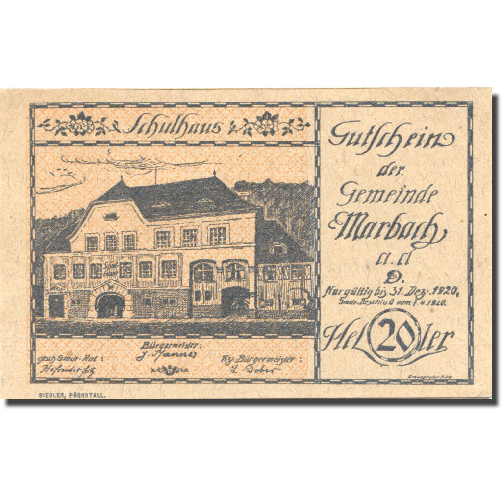 Banknote, Austria Marbach a/d Donau 20 Heller school 1920 UNC(63) Mehl:FS 579I