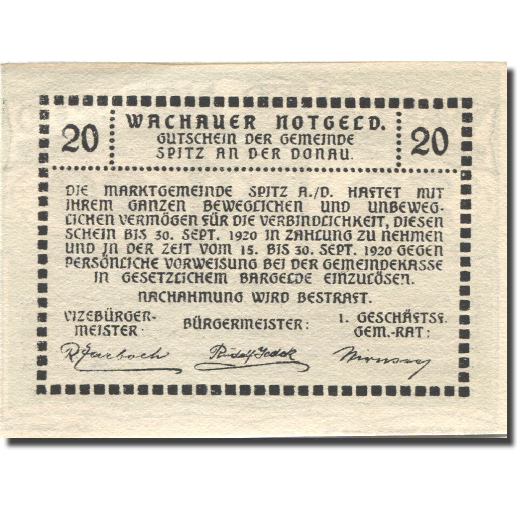 Banknote, Austria, Spitz 20 Heller, Blason, 1920 UNC(63) Mehl:FS 1122.12II