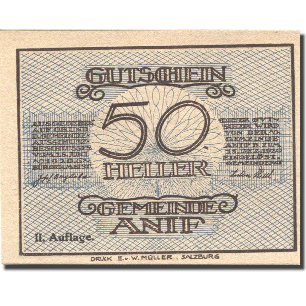 Banknote, Austria, Anif, 50 Heller, château, 1920 UNC(63), Mehl:FS 43b