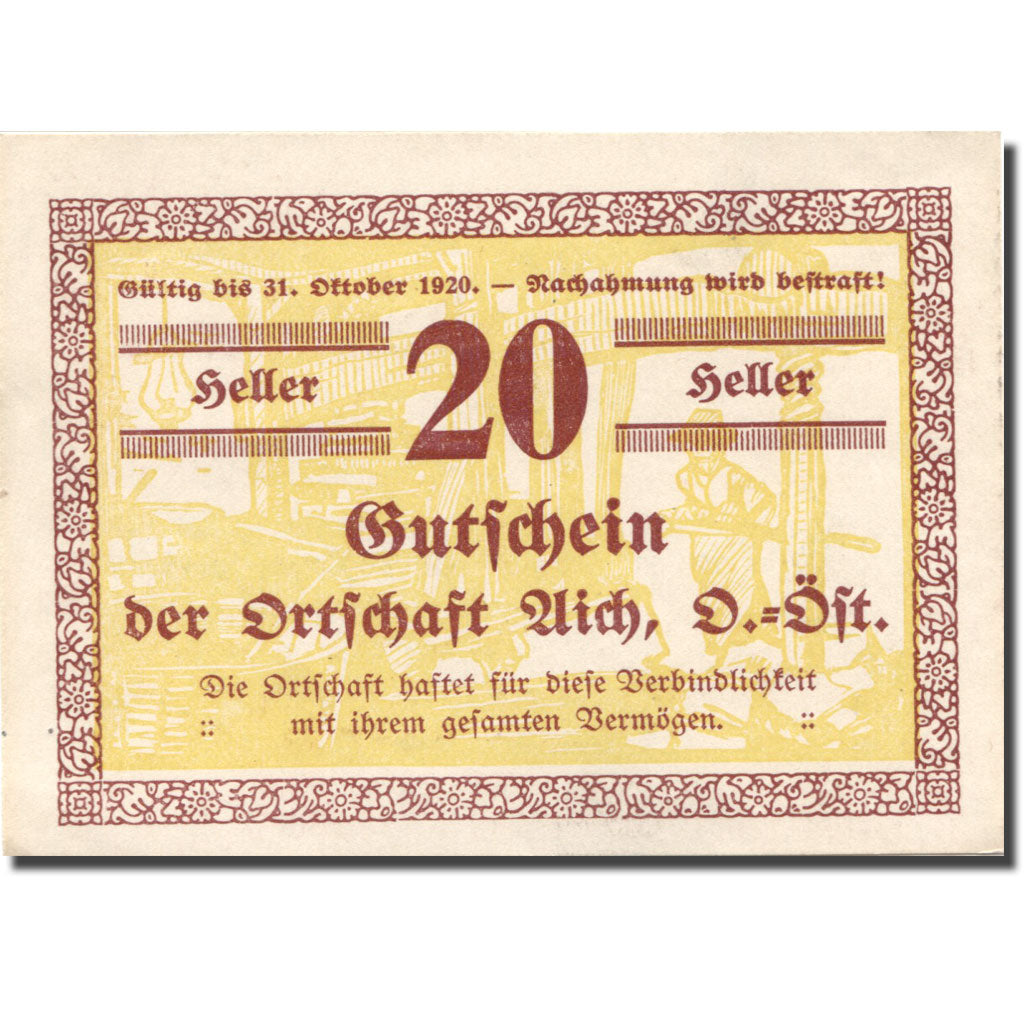 Banknote, Austria, Aich, 20 Heller, valeur faciale, 1920 UNC(63) Mehl:FS 10a