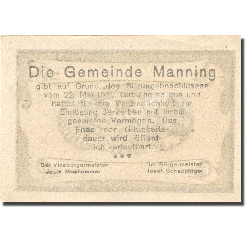 Banknote, Austria, Manning, 50 Heller, parchemin, 1920 UNC(60-62) Mehl:FS 578b