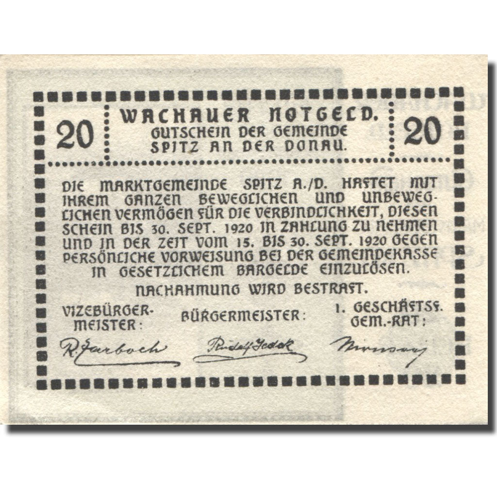Banknote, Austria, Spitz a/dDonau, 20 Heller, Eglise, 1920 UNC(63) Mehl:FS 1122