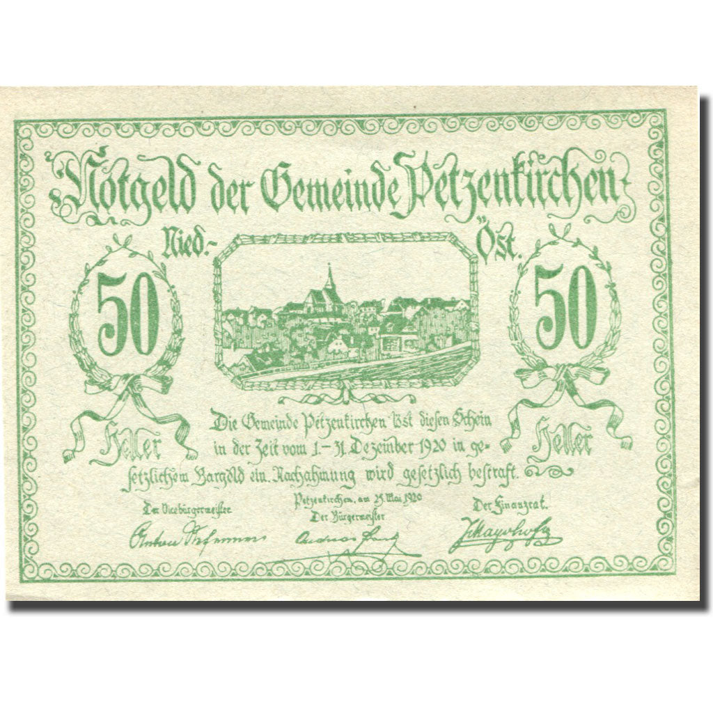 Banknote, Austria, Petzenkirchen, 50 Heller, village, 1920 UNC(63) Mehl:FS 740a