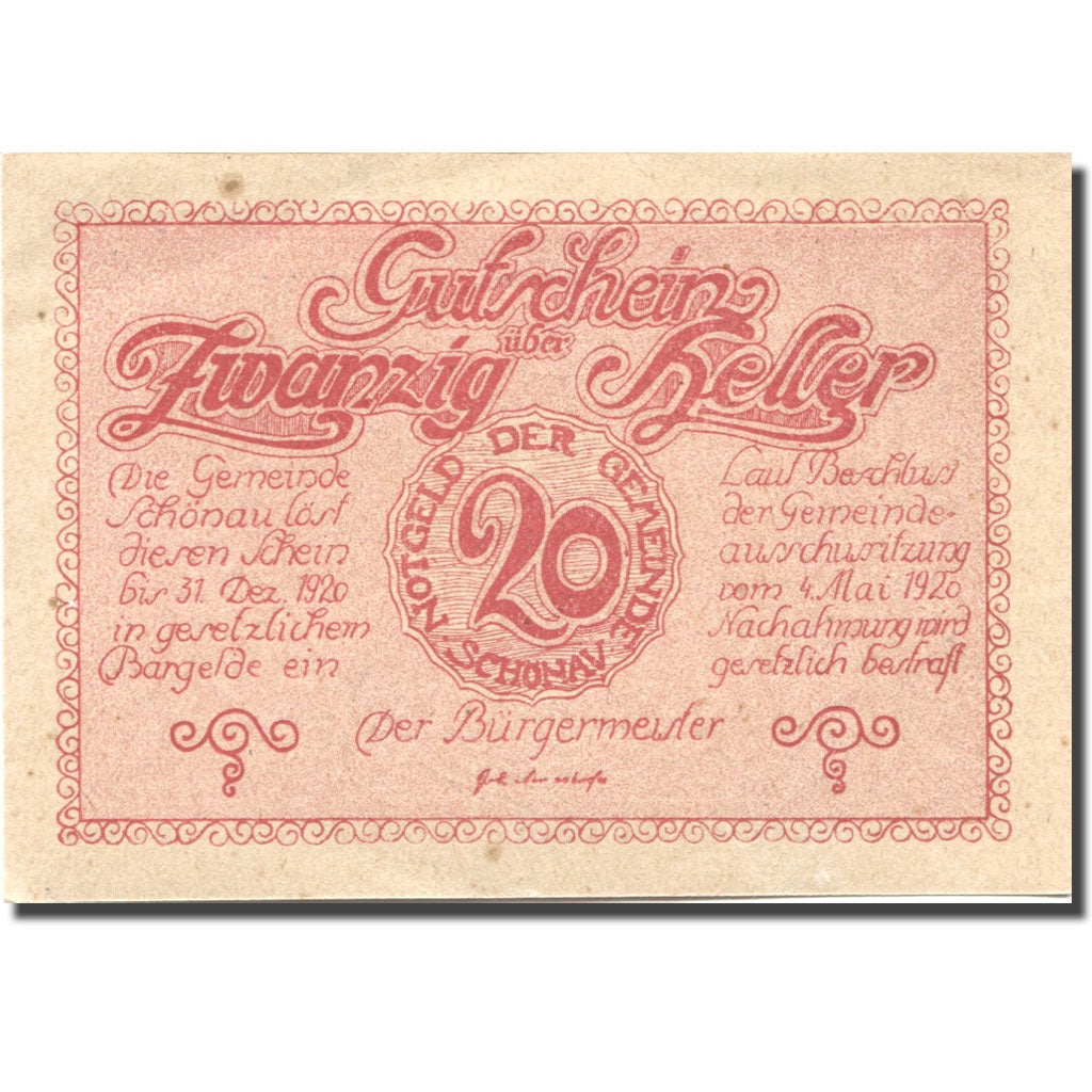 Banknote, Austria, Schönau, 20 Heller, personnage, 1920 UNC(63) Mehl:FS 967a