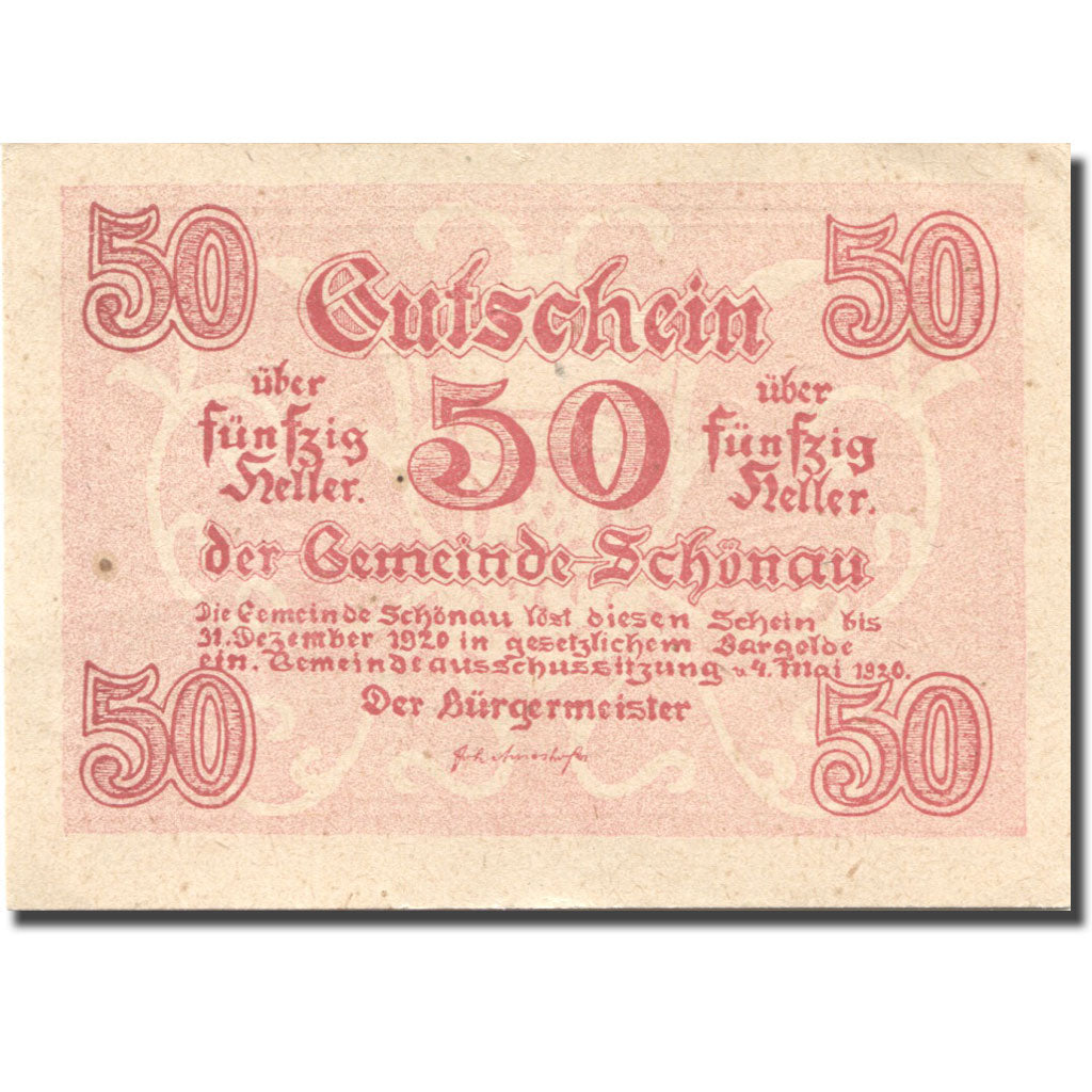 Banknote, Austria, Schönau, 50 Heller, valeur faciale, 1920 UNC(63) Mehl:FS 967a