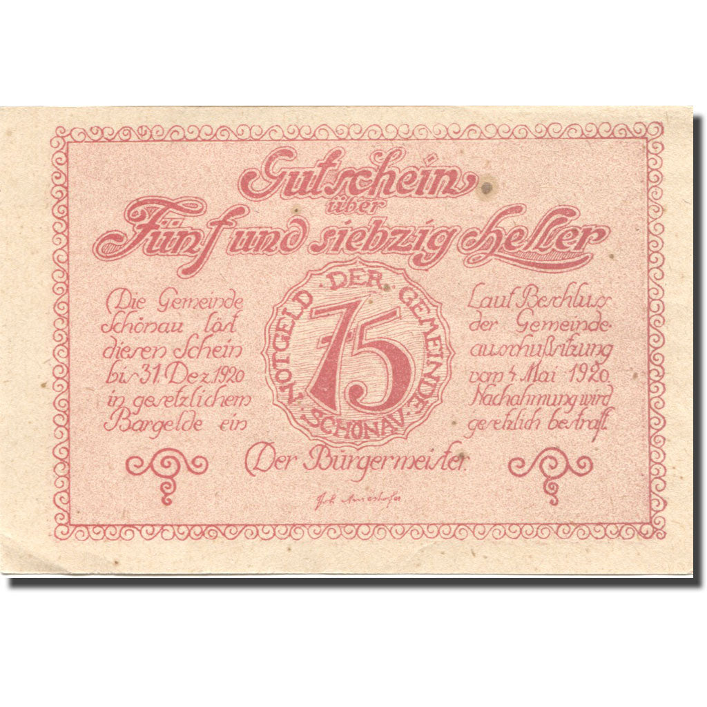 Banknote, Austria, Schönau, 75 Heller, village, 1920, UNC(63) Mehl:FS 967a