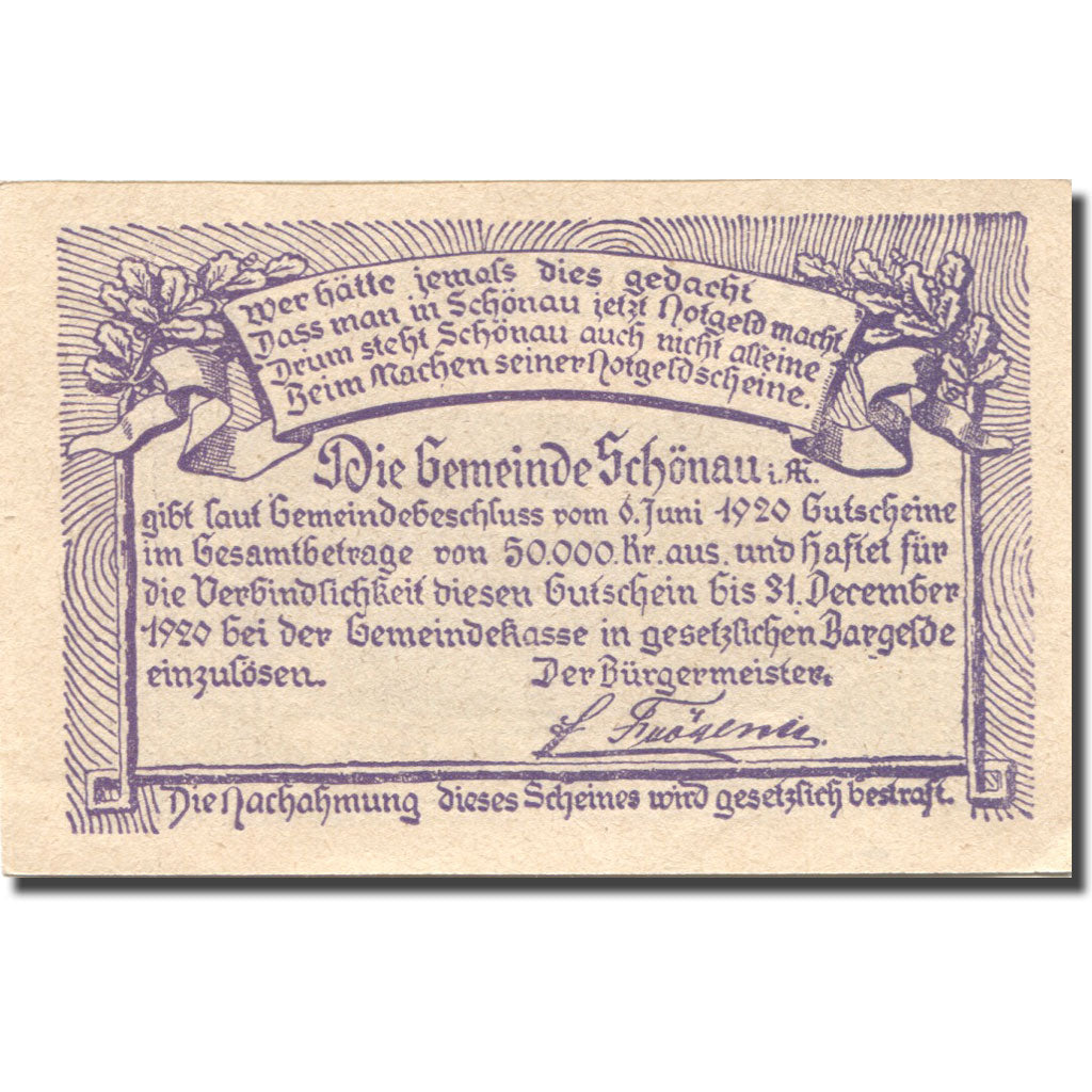Banknote, Austria, Schönau, 50 Heller, village, 1920 UNC(63) Mehl:FS 966b