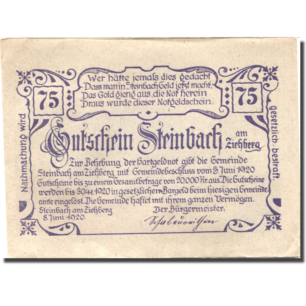 Banknote, Austria, Steinbach, 75 Heller, paysage, 1920 UNC(60-62) Mehl:FS 1024