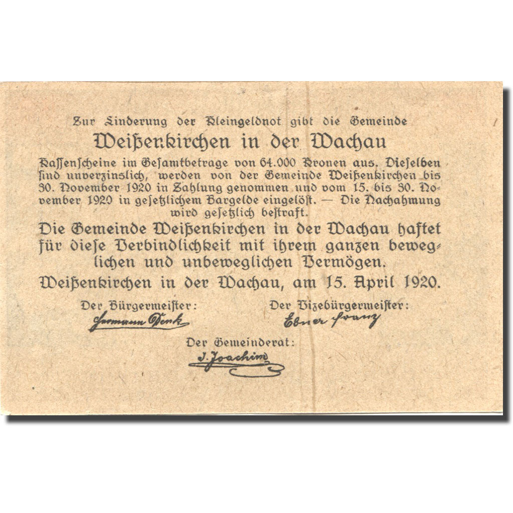 Banknote Austria Weissenkirchen, 60 Heller, Eglise, 1920 UNC(63) Mehl:FS 1158III