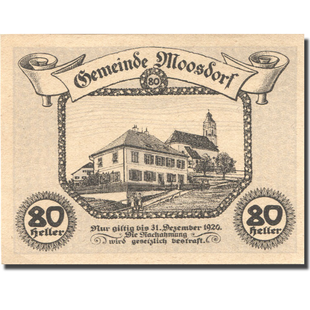 Banknote, Austria, Moosdorf, 80 Heller, Eglise, 1920 UNC(63) Mehl:FS 1268