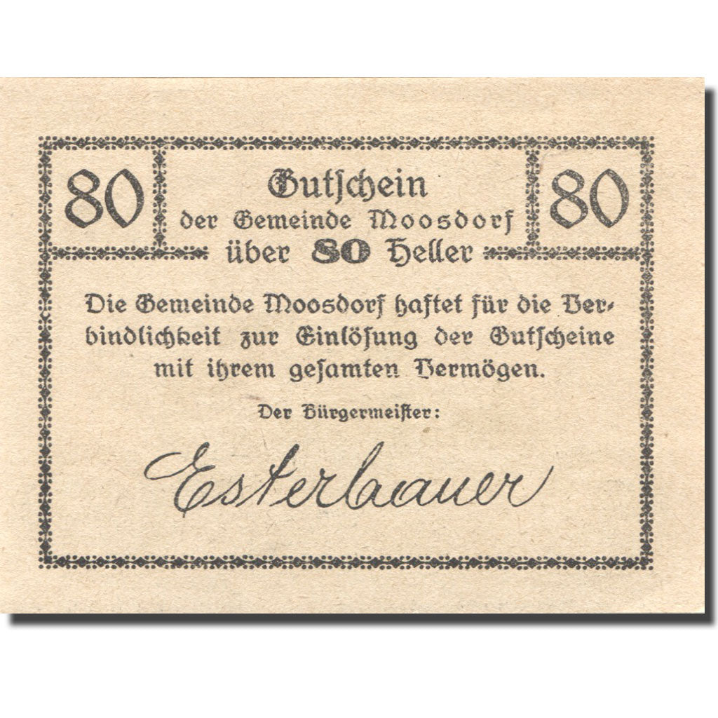 Banknote, Austria, Moosdorf, 80 Heller, Eglise, 1920 UNC(63) Mehl:FS 1268