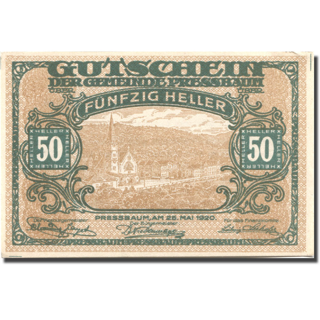 Banknote, Austria, Pressbaum, 50 Heller, village, 1921 UNC(63) Mehl:FS 784a