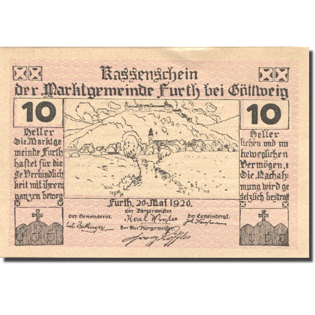 Banconote, Austria, Furth, 10 Heller, village 1920-09-30, SPL, Mehl:FS 214c