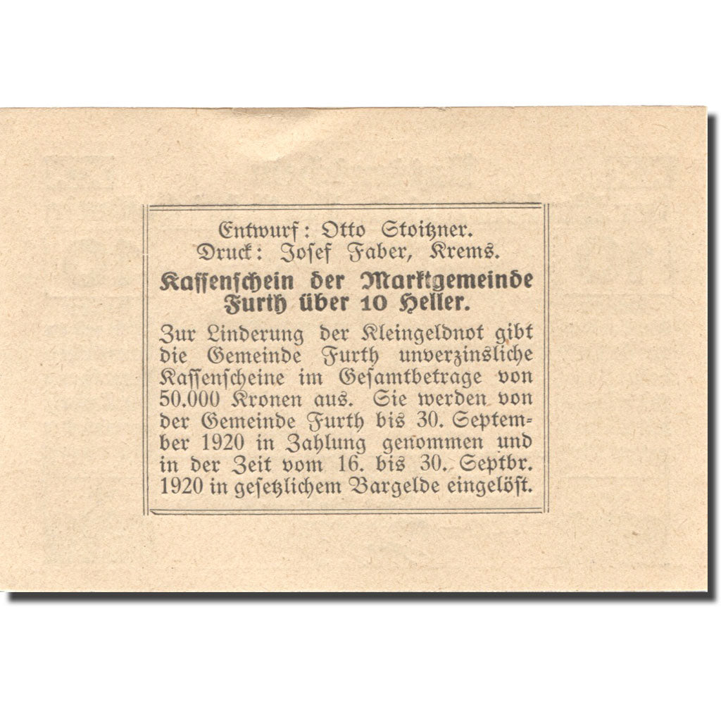 Banconote, Austria, Furth, 10 Heller, village 1920-09-30, SPL, Mehl:FS 214c