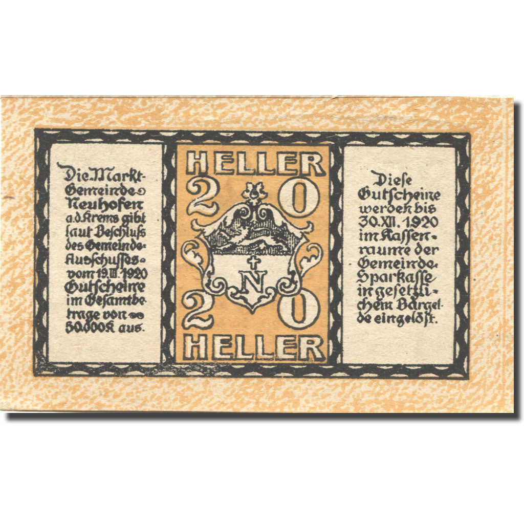 Banknote, Austria, Neuhofen, 20 Heller, Eglise, 1920 UNC(63) Mehl:FS 648a