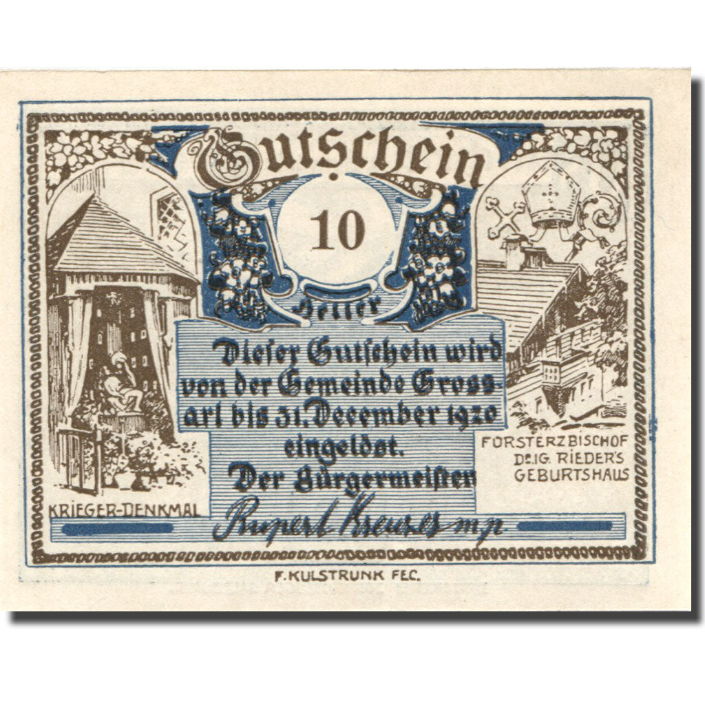 Banknote, Austria, Grossarl, 10 Heller, Blason, 1920 UNC(63) Mehl:FS 292a