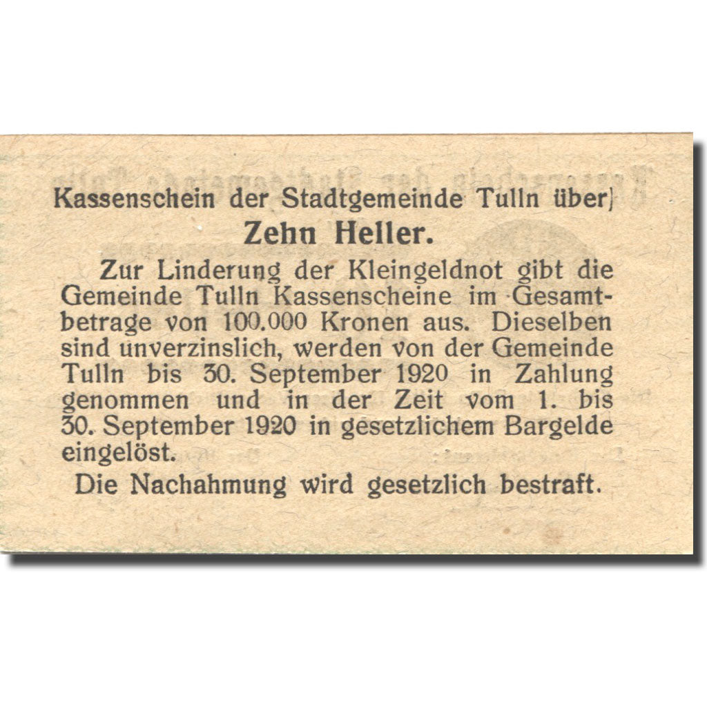 Banknote, Austria, Tulln, 10 Heller, valeur faciale 1920 UNC(63) Mehl:FS 1083I.4