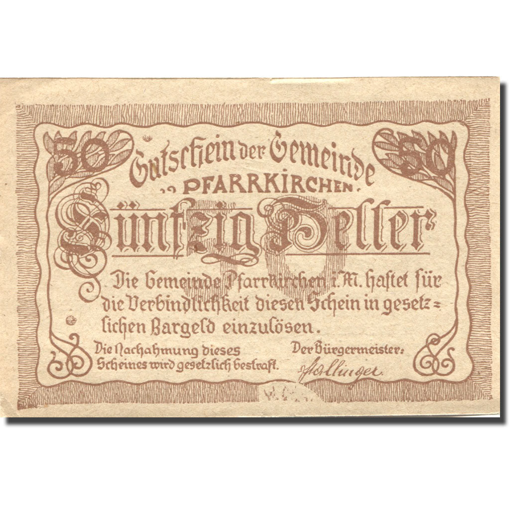 Banknote, Austria, Pfarrkirchen 50 Heller, village 1920 UNC(60-62) Mehl:FS 744Ia
