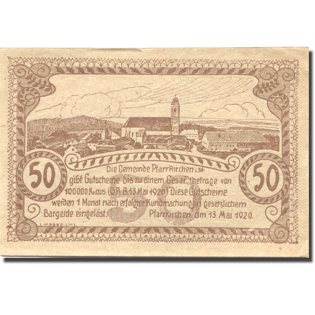 Banknote, Austria, Pfarrkirchen 50 Heller, village 1920 UNC(60-62) Mehl:FS 744Ia