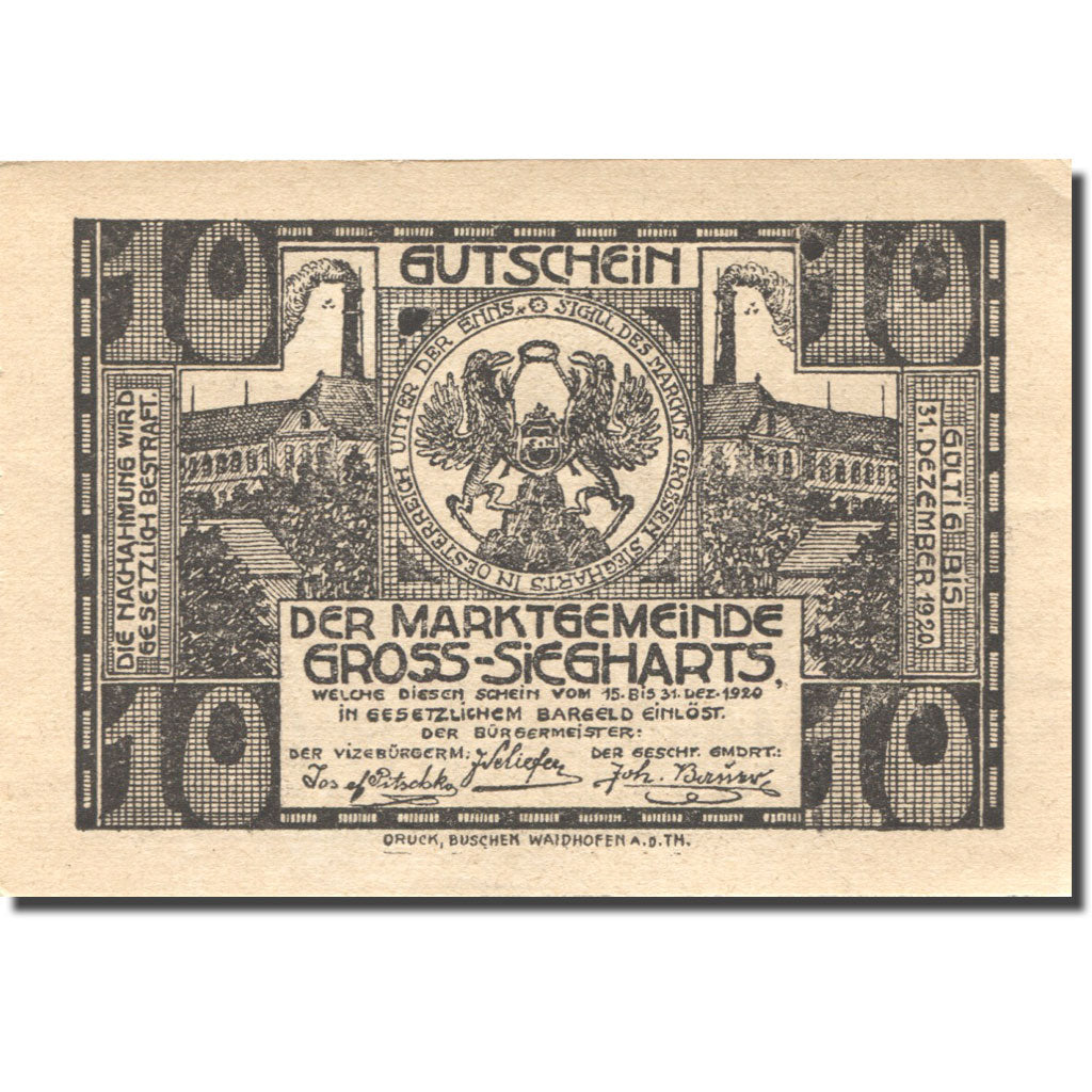Banknote, Austria, Gross-Siegharts, 10 Heller, Usine, 1920 UNC(63) Mehl:FS 297a