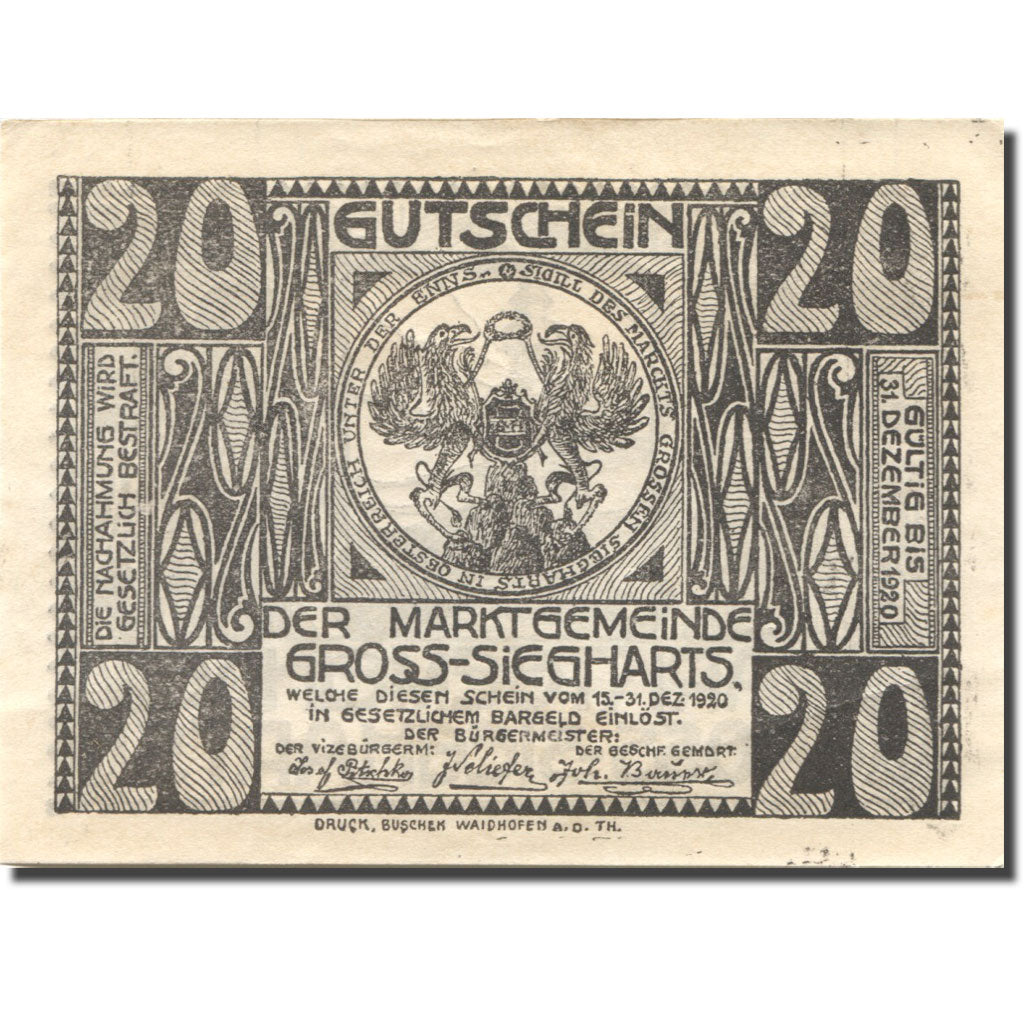 Banknote, Austria, Gross-Siegharts, 20 Heller, Blason, 1920 UNC(63) Mehl:FS 297a
