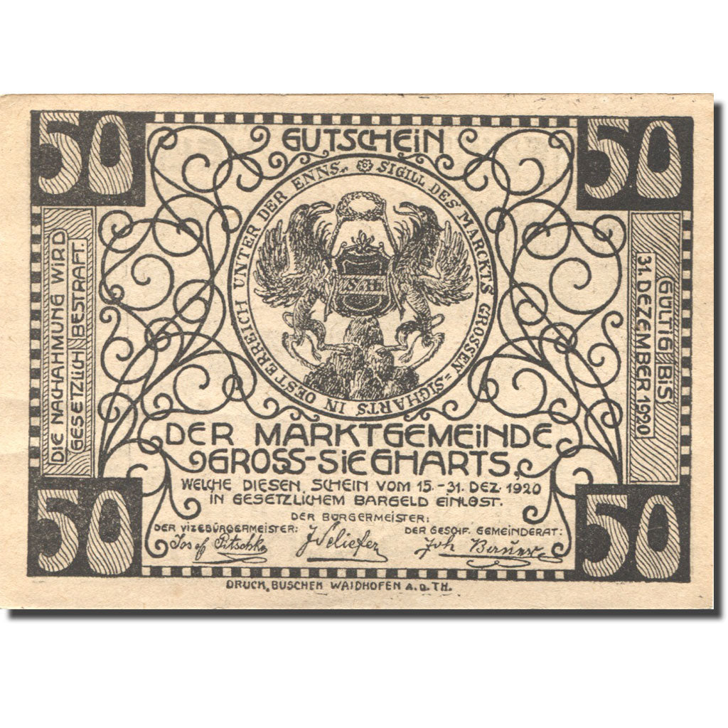 Banknote, Austria, Gross-Siegharts 50 Heller, château, 1920 UNC(63) Mehl:FS 297a
