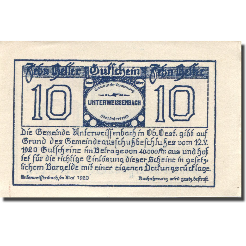 Banknote, Austria, Unterweissenbach, 10 Heller, Eglise, UNC(63), Mehl:FS 1101
