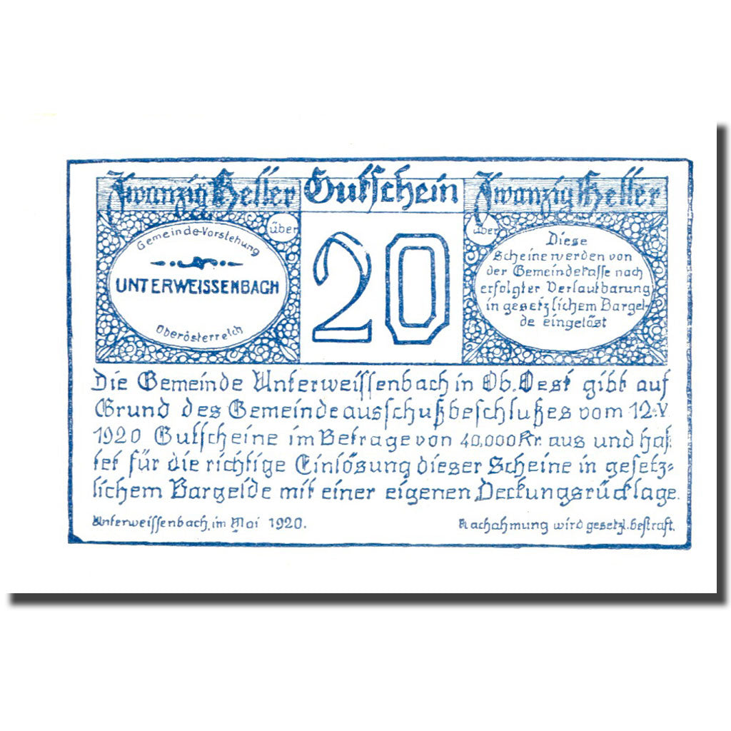 Banknote, Austria, Unterweissenbach, 20 Heller, Eglise 1, UNC(63), Mehl:FS 1101