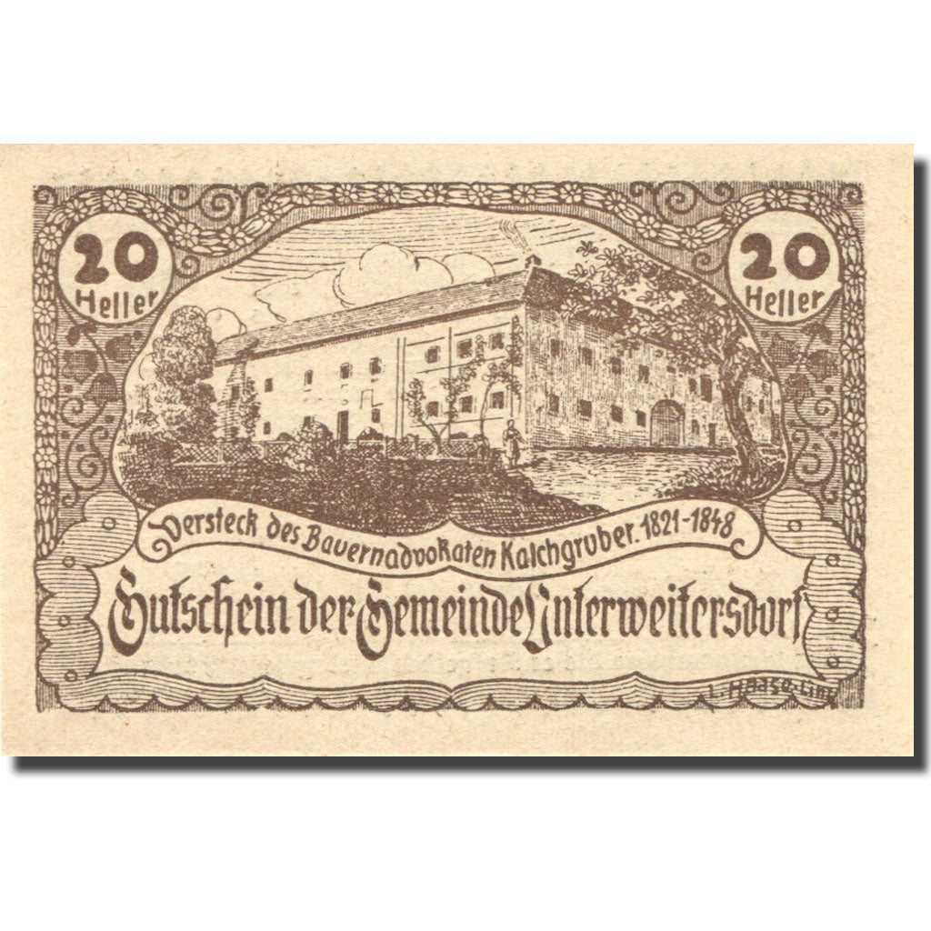 Banknote, Austria Unterweitersdorf 20 Heller Monument 1920 UNC(63) Mehl:FS 1102
