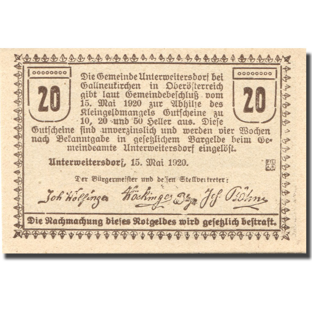 Banknote, Austria Unterweitersdorf 20 Heller Monument 1920 UNC(63) Mehl:FS 1102
