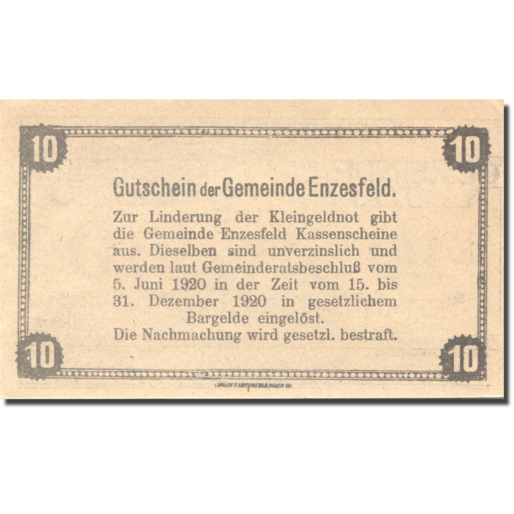 Banknote, Austria, Enzesfeld, 10 Heller, Eglise, 1920, UNC(63) Mehl:FS 179a